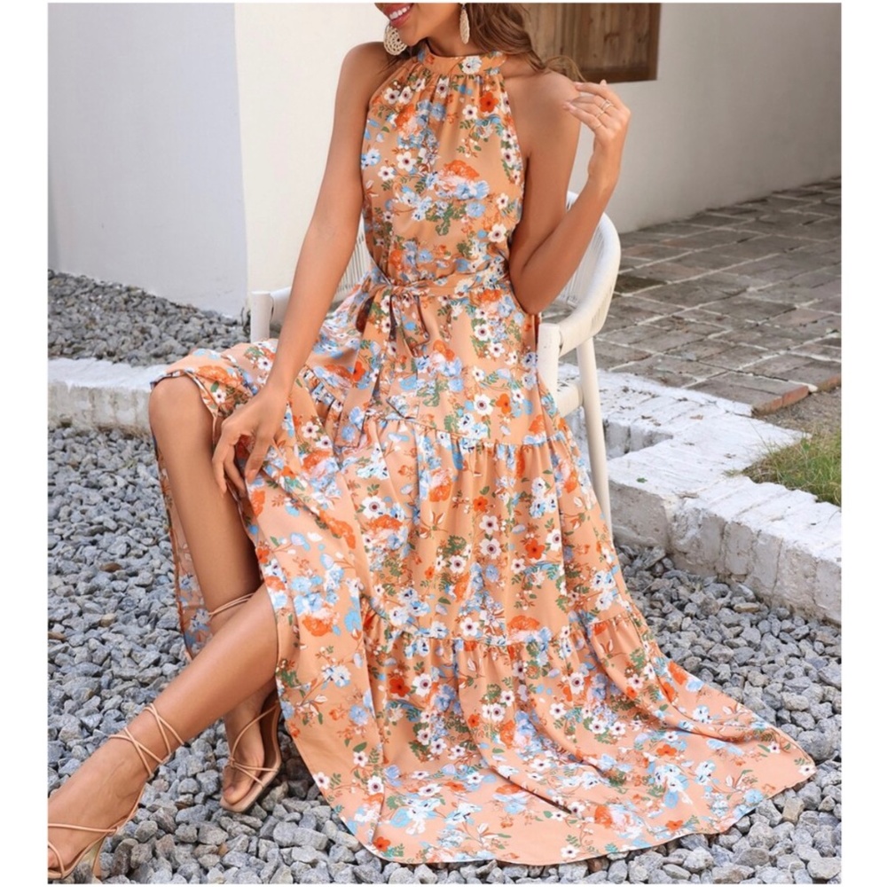Boho Orange Floral Print Ruffle Maxi Dress Cottagecore - Picture 1 of 5